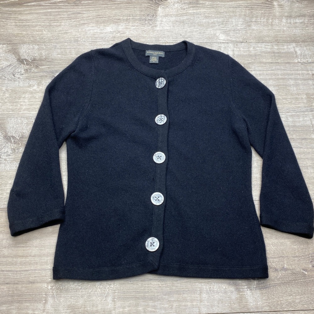 Banana Republic Cardigan Womens M Black Good Wool Angora 3/4 Sleeve Knit Sweater